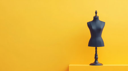 This striking image features an elegant black dress form set against a vibrant yellow background, ideal for fashion design, studio decor, or creative inspiration.の素材