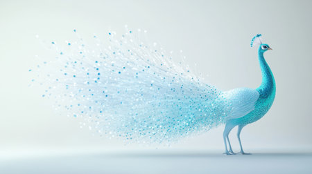 This captivating digital artwork showcases a blue peacock displaying its magnificent tail feathers. The minimalistic background emphasizes the vibrant colors and intricate details, symbolizing beauty and grace.の素材