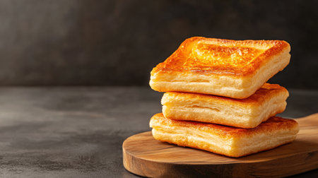 This image showcases a stack of freshly baked flaky pastries on a wooden board. The golden crust and layered texture invite viewers to enjoy this delicious treat in a cozy kitchen setting.の素材