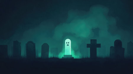 This atmospheric illustration features a spooky graveyard with a glowing tombstone surrounded by mist and eerie shadows, perfect for Halloween-themed projects.の素材