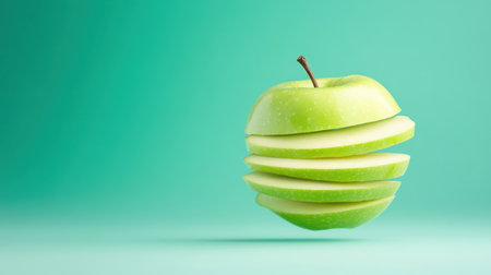 This image showcases a creatively sliced green apple, floating gracefully against a bright turquoise background. Perfect for representing freshness, health, and nutrition.の素材