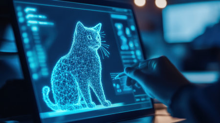 A human interacts with a futuristic wireframe model of a cat displayed on a laptop screen, showcasing innovation and the integration of technology in modern pet care.の素材