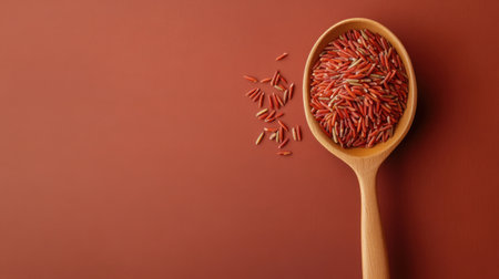 This image features red rice grains beautifully displayed in a wooden spoon against a textured background. Perfect for themes of health, nutrition, and culinary art.の素材