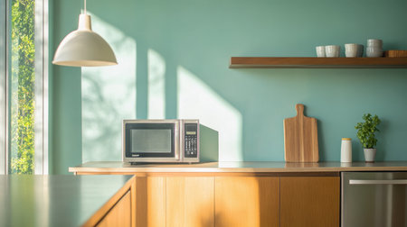 A stylish kitchen scene featuring a microwave, wooden shelf, and bright green wall. The design emphasizes natural light and minimalist elements, perfect for modern living.の素材
