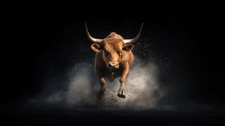A powerful bull charges through clouds of dust in a striking low-light scene, embodying the beauty and strength of wildlife in its natural environment.の素材