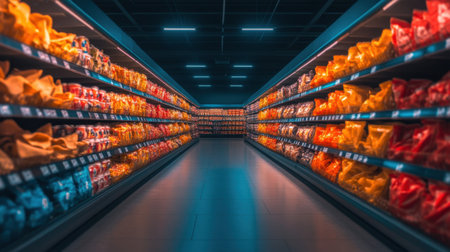 A vibrant supermarket aisle showcases an extensive selection of snacks and treats, with bright lighting illuminating the neatly organized shelves filled with colorful packages.の素材