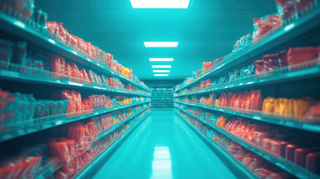 Experience a unique shopping atmosphere in a grocery aisle filled with vibrant packaging under neon blue lighting, creating a captivating retail environment for all shoppers.の素材