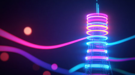 Discover a stunning illustration of a neon tower radiating vibrant colors and surrounded by dynamic light strands, embodying a futuristic and energetic atmosphere.の素材