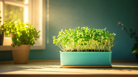 A vibrant scene featuring fresh microgreens growing in a sunny kitchen, showcasing the beauty of indoor gardening and healthy living in a cozy setting.の素材