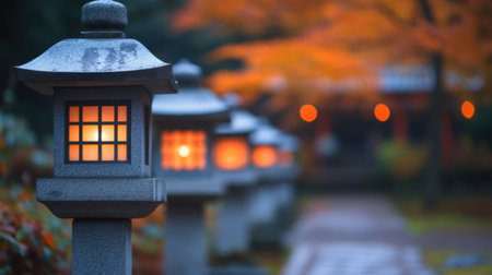 A row of traditional garden lanterns softly glowing as dusk settles over a serene Japanese landscape, surrounded by autumn foliage creating a tranquil atmosphere.の素材
