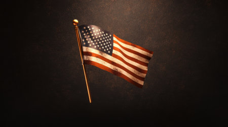 A beautiful vintage American flag depicted on a golden pole, set against a dark background. This image evokes a sense of patriotism and national pride.の素材