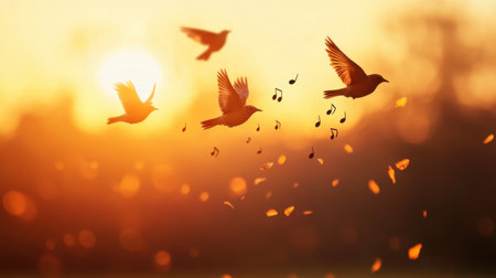 A stunning sunset scene featuring birds in flight accompanied by musical notes, creating a harmonious and tranquil atmosphere, symbolizing freedom and joy in nature.の素材