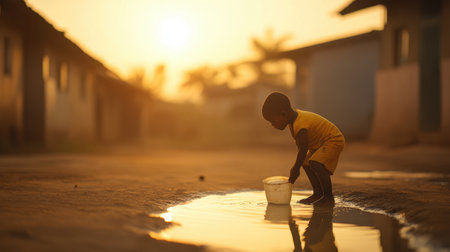 A young child engages playfully with water, filling a bucket in a serene setting at sunset, surrounded by simple houses and a warm atmosphere.の素材