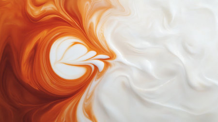 This abstract fluid art piece features harmonious swirls of warm orange and soft white, creating a visually striking and modern backdrop suitable for various design applications.の素材