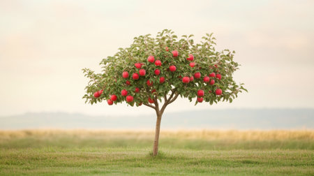 A single lush apple tree displays its bounty of vibrant red apples, nestled in a serene green landscape under soft skies, embodying the beauty of nature and harvest.の素材