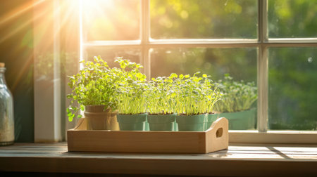 Sunlight illuminates a tray of vibrant green plants in pots, capturing the essence of growth and freshness in a warm indoor setting, perfect for nature lovers.の素材