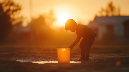 A silhouette of a child playing with an orange bucket by a water puddle during a golden sunset, capturing a moment of joy and innocence in a rural outdoor setting.の素材