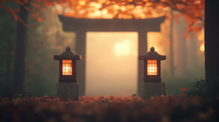 A serene autumn landscape featuring glowing lanterns beside a traditional torii gate, enveloped by colorful foliage and a soft mist, creating a peaceful atmosphere.の素材