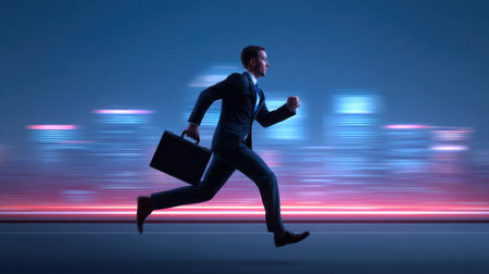 A businessman in a suit runs swiftly through a vibrant city at night, showcasing a sense of urgency and ambition in a modern urban environment.の素材