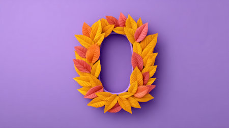 Bright and cheerful leaf wreath made from colorful autumn leaves on a purple background, perfect for seasonal decorations and home accents.の素材