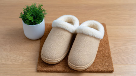 This image features a pair of cozy slippers with a soft lining placed beside a decorative plant, set on a natural wood background, creating a warm atmosphere.の素材