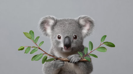 This charming image features a cute koala holding a branch adorned with lush green leaves. Its fluffy fur and captivating expression create a serene and heartwarming moment, perfect for wildlife enthusiasts and animal lovers alike.の素材
