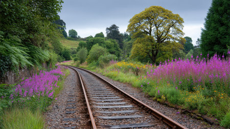 This captivating image features railway tracks curving through a lush landscape, adorned with vibrant wildflowers. The tranquil scene invites exploration and reflects nature's beauty, showcasing the harmony between man-made structures and the environment.の素材
