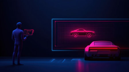 This captivating image showcases a futuristic car design concept with neon lights and a digital interface, highlighting innovation in the automotive industry.の素材
