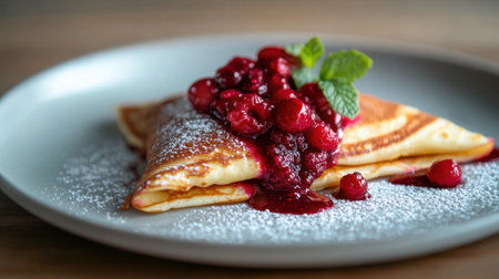 Experience the delightful taste of fluffy pancakes topped with a luscious berry sauce and fresh mint, making an ideal choice for any brunch or dessert occasion.の素材