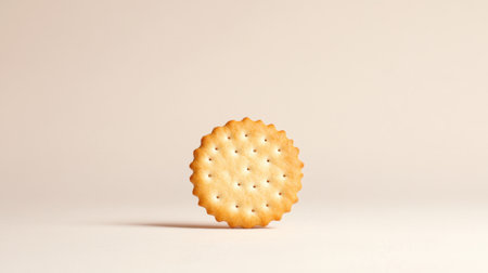 A solitary round cracker rests against a soft beige background, embodying a minimalist aesthetic perfect for food projects, advertisements, or snack ideas.の素材