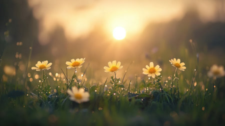 A captivating view of yellow daisies basking in the warm sunlight of a serene morning, surrounded by dew-covered grass, perfect for nature lovers and peaceful moments.の素材