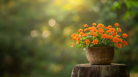 A beautiful arrangement of vibrant orange flowers in a woven pot sits atop a wooden stump, surrounded by soft greenery and warm sunlight, creating a serene outdoor scene.の素材