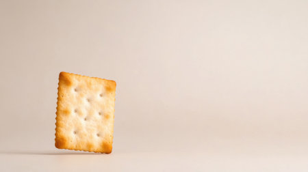 A crisp plain cracker gracefully floats against a neutral backdrop, emphasizing its texture and simplicity, ideal for food-related themes and designs.の素材