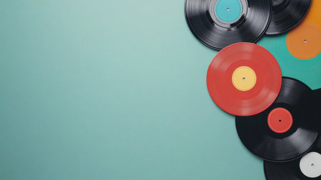 A creative flat lay arrangement of colorful vinyl records on a teal background, perfect for conveying nostalgia and capturing the essence of music culture in design projects.の素材