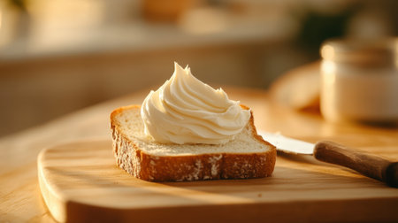 A slice of freshly toasted bread topped with a dollop of creamy whipped topping sits on a wooden cutting board, capturing a cozy kitchen moment.の素材