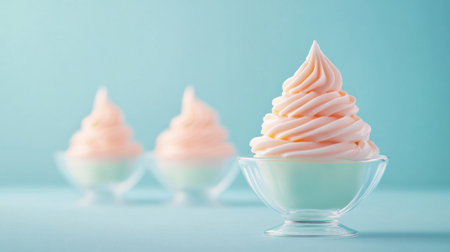 Tempting soft serve ice cream in pastel colors served in delicate glass bowls. Ideal for summer-themed parties, dessert menus, or sweet treat photography.の素材