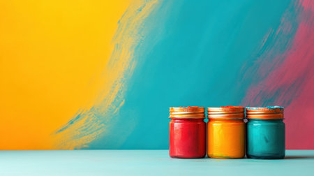 Bright paint jars arranged neatly against a colorful backdrop create an inviting scene for creativity. Perfect for art and DIY projects that inspire imagination.の素材