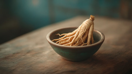 This image features a freshly harvested ginseng root placed in a rustic bowl on a wooden table, perfect for wellness, herbalism, and natural remedy themes.の素材