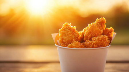 Enjoy a tempting view of crispy fried chicken pieces in a white cup, set against a serene sunset background, creating a warm and inviting ambiance for food lovers.の素材
