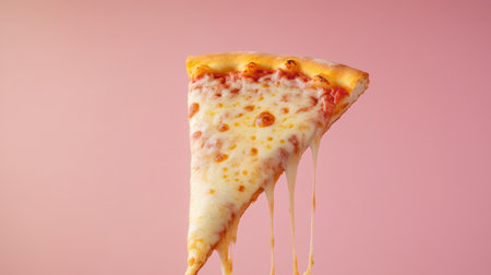 A mouthwatering pizza slice with gooey cheese stretching elegantly, set against a soft pink background, ideal for showcasing food delights and culinary creativity.の素材