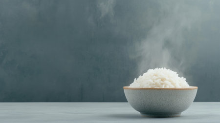 A steaming bowl of fluffy white rice sits on a simple surface, evoking feelings of warmth and comfort. Ideal for promoting culinary delights and healthy eating.の素材