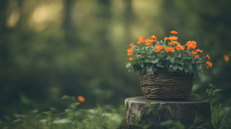 A charming arrangement of vibrant orange flowers in a rustic basket sits atop a wooden stump, set against a blurred green forest background, creating a peaceful atmosphere.の素材