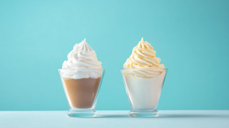 Two enticing ice cream treats presented in clear glass cups, one featuring a rich chocolate flavor and the other a smooth vanilla. Perfect for summer enjoyment.の素材