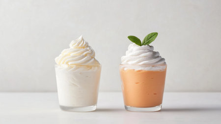 This image showcases two delightful desserts featuring creamy whipped toppings in elegant glasses, one vanilla and the other peach, garnished with fresh mint.の素材