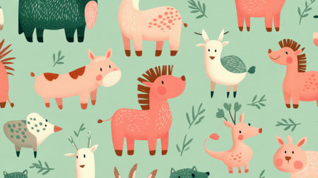 This delightful pattern features an assortment of charming animals from the farm and forest, perfect for kids' decor, textiles, and playful designs. Bright colors and fun shapes create a joyful atmosphere.の素材
