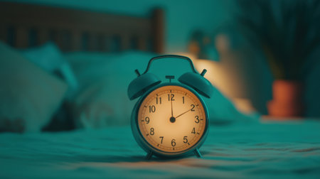 A vintage alarm clock sits on a bedside table, casting a warm glow in a cozy bedroom. The soft lighting enhances the tranquil atmosphere, perfect for relaxation.の素材