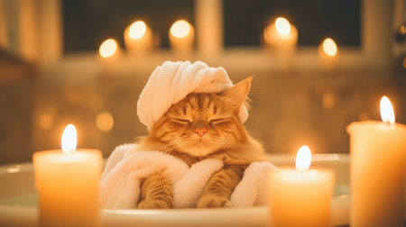 Adorable cat lounging in a towel wrap, surrounded by soft candlelight, creating a peaceful and calming atmosphere perfect for relaxation and pampering.の素材