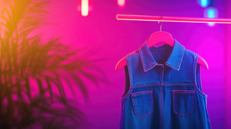 A trendy denim vest hangs stylishly against a vibrant neon background, enhanced by creative lighting and a hint of tropical foliage, perfect for fashion visuals.の素材