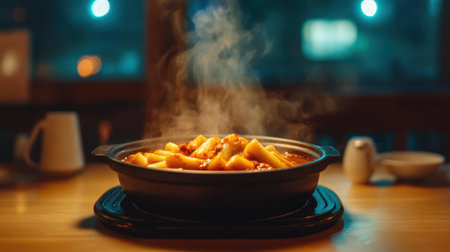 A steaming bowl of hot pot filled with soft rice cakes creates a cozy atmosphere in a restaurant, inviting diners to experience flavorful and comforting cuisine.の素材