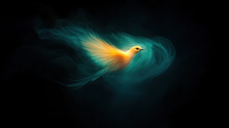 A mesmerizing image of a colorful bird soaring through a dark atmosphere surrounded by swirling smoke, capturing the essence of freedom and ethereal beauty.の素材